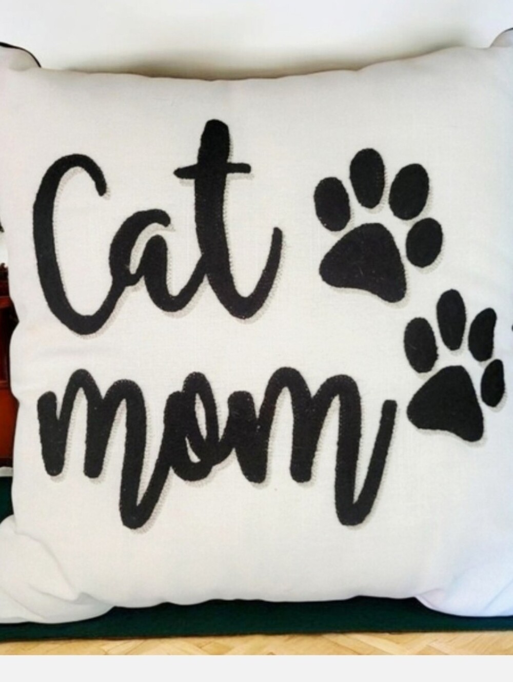NWOT Cat Mom Throw Pillow Black Piping Raised Text & Paw Prints Silver Rope Trim